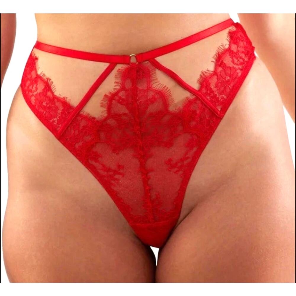 Wolf & Whistle Natalia Red Eyelash Lace High Waist Thong Panties US Size 14 2XL